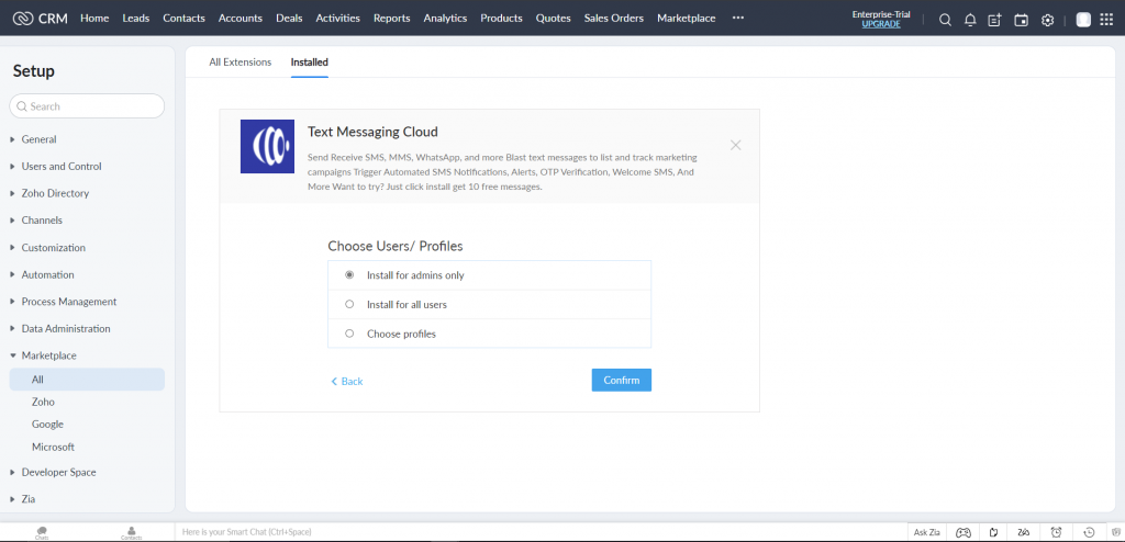 confirm profile on zoho installation