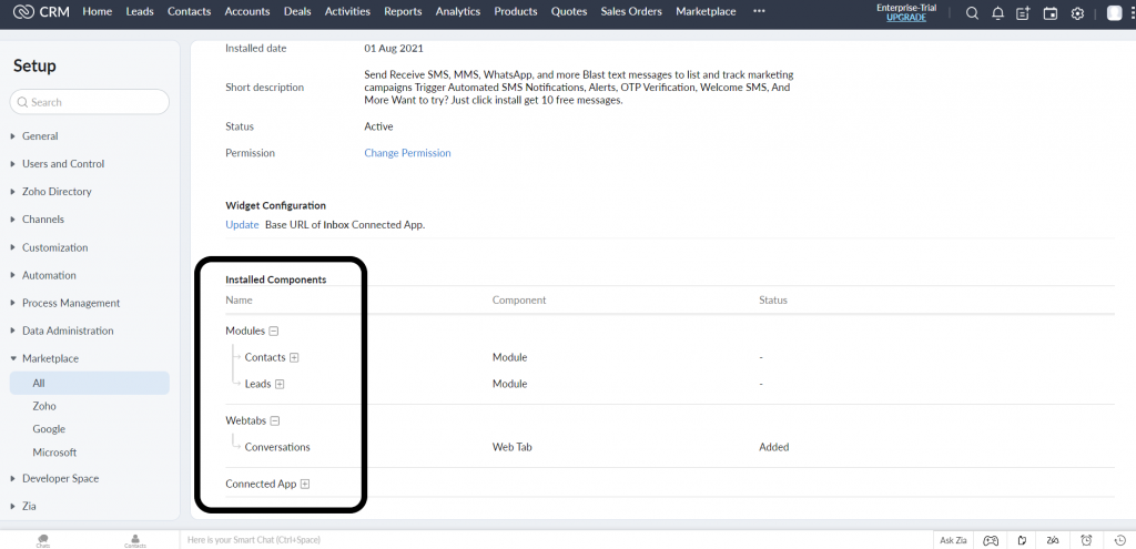 Zoho Installed Components