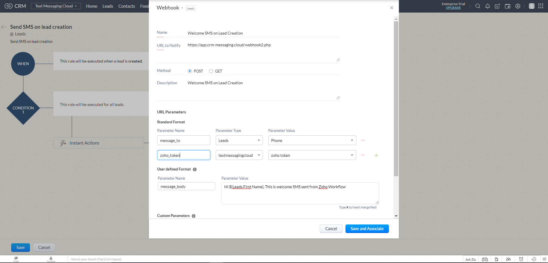 sending SMS from zoho workflow
