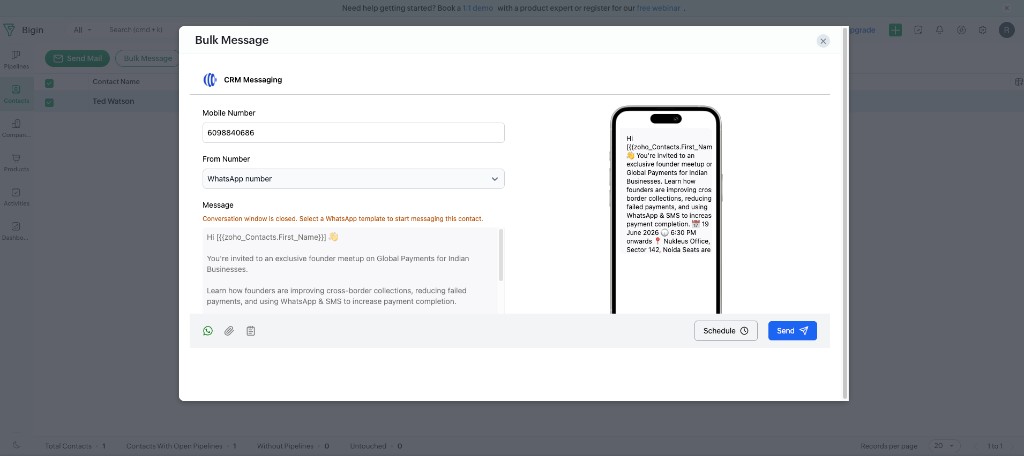Bulk Message in Zoho Bigin with phone preview