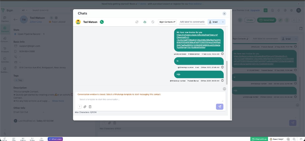 Chats widget open on a Zoho Bigin contact