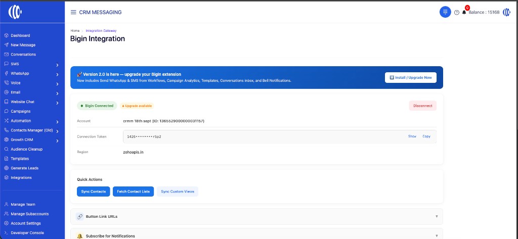 Zoho Bigin Integration page in CRM Messaging — Bigin Connected