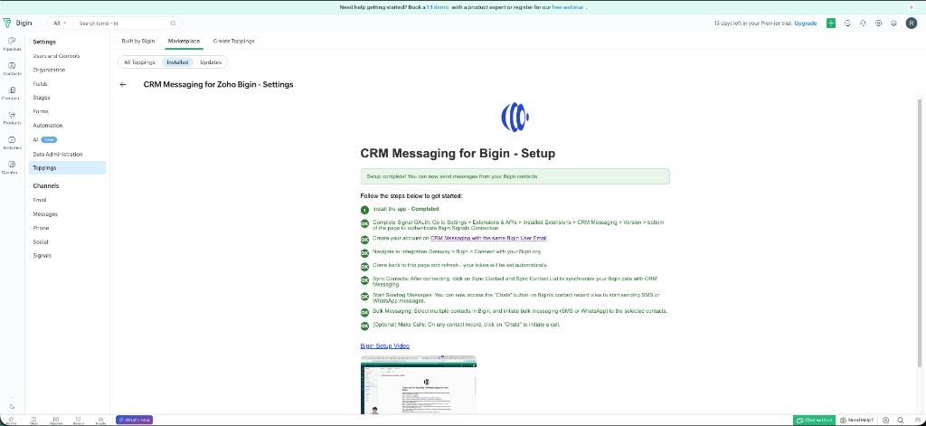 CRM Messaging for Bigin setup page with all steps marked OK