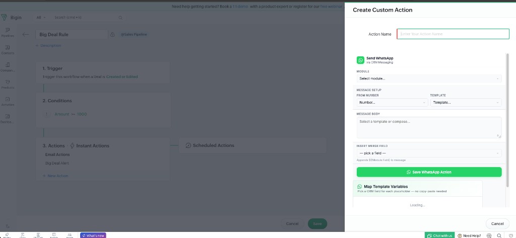 Create Custom Action — Send WhatsApp via CRM Messaging in a Bigin workflow